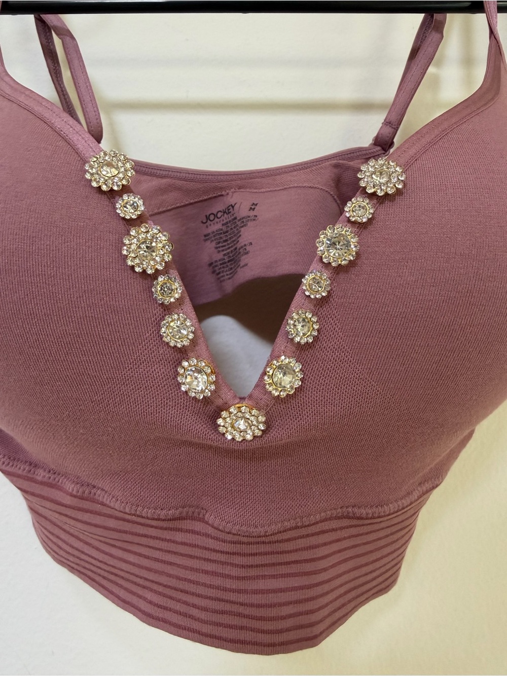 Jockey Mauve Rhinestone V‑Neck Brami, Festival Bra, Size Medium